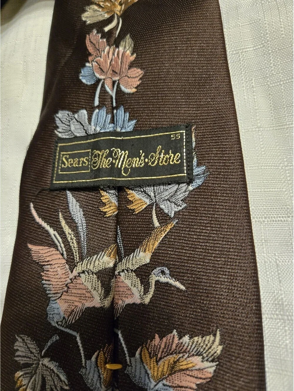 VTG 70s Sears The Mens Store Crane Bird Leaf Embroidered Brown Poly Wide Necktie